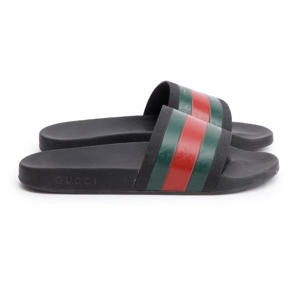 Gucci Men's Black Slide Sandals with Red and Green Stripes